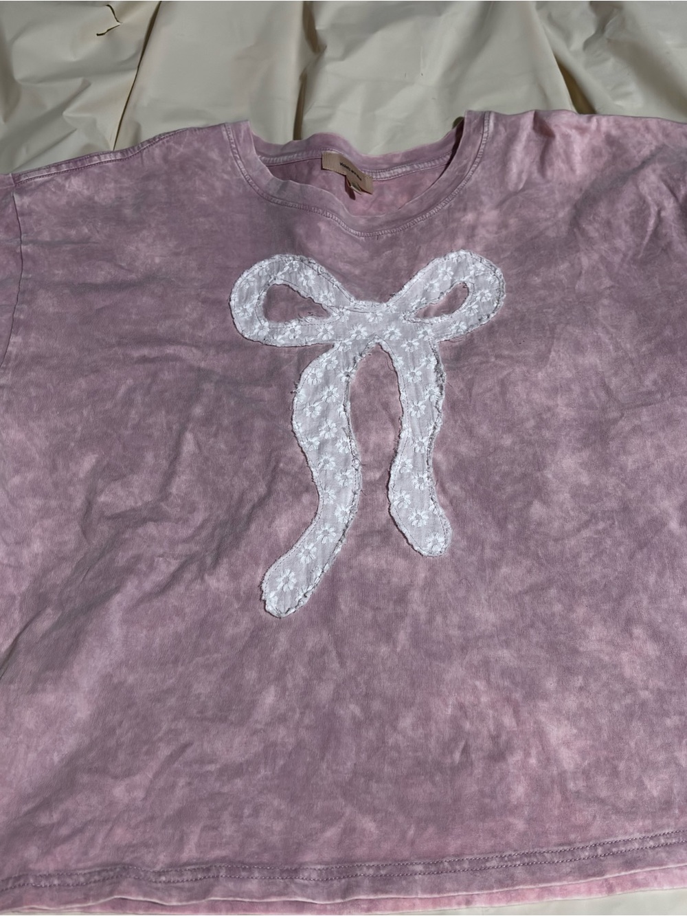 Pink Washed Tee with White Lace Bow